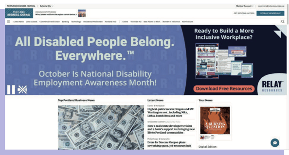 Relay banner on Portland Business Journal homepage for National Disability Employment Awareness Month