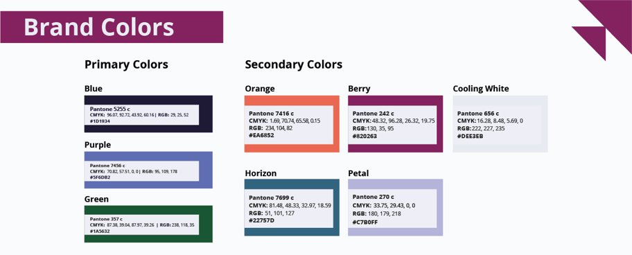 Graphic showing our new brand colors of Purple, Blue, Green, Orange and Horizon and petal. 