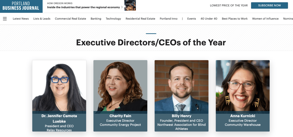 Webpage of Portland Business Journal shows four executives nominated for the executive directors/Ceo's of the Year by the Portland Business Journal