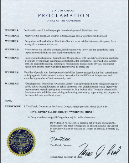 Image: State of Oregon Proclamation for Developmental Disabilities Month