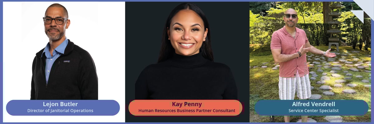 From left to right: Photos of Lejon Butler, a black man with a buzz cut and black sunglasses wearing a blue dress shirt, Kay Penny a woman of color wearing a black turtle neck sweater, and Alfred Vendell a man with brown skin wearing a salmon shirt and sunglasses standing in front of a Japanese meditation garden.